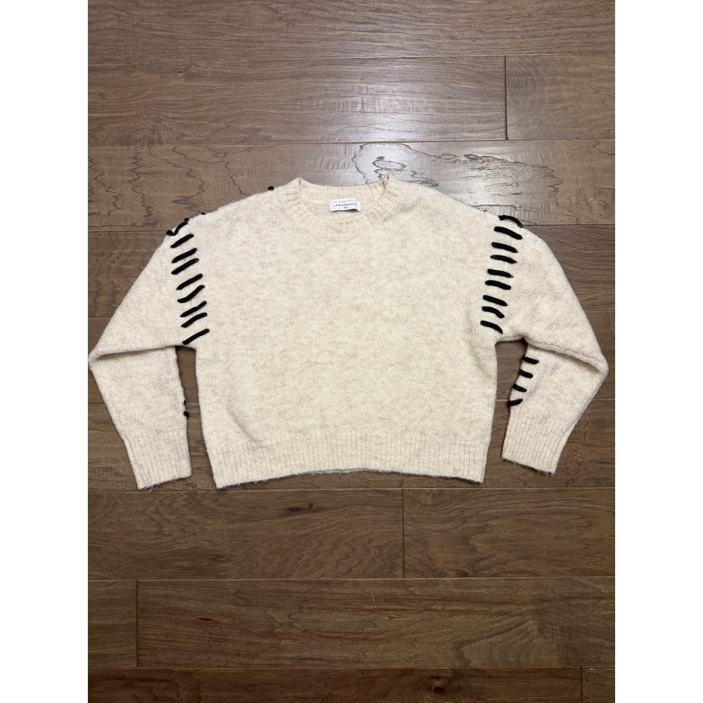 American Threads Sweater Women Small Cream Knit Whipstitch Boho Relaxed Pullover
